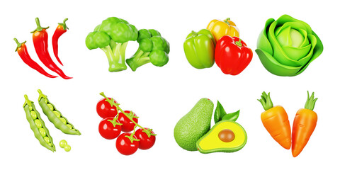 Vegetables and fruits isolated 3d render icon set. Organic healthy food. Fresh tomato cherry on branch, carrot, avocado, broccoli, green peas, cabbage, color bell pepper and red chili. 3D illustration