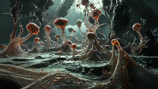 A strange and alien landscape with fleshy, bioluminescent fungi grows in a dark, cave-like environment
