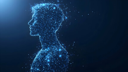 Abstract Digital Art of a Human Silhouette Constructed of Interconnected Glowing Blue Lines and Dots Against a Dark Blue Background, Representing Digital Connection and the Evolution of Humanity