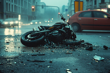 Motorcycle crash on wet street at night