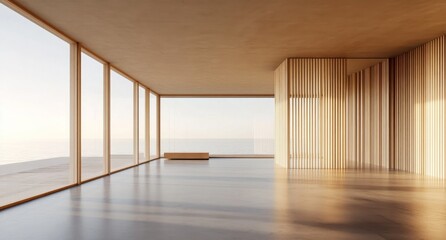 Obraz premium A modern minimalist interior featuring large windows that offer an expansive view of the ocean. The room showcases concrete floors and wooden panels on one wall, creating a serene atmosphere.