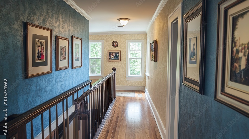 Wall mural A once-dull hallway turned into an inviting space with a DIY gallery wall of family photos and artwork, complemented by a hand-painted mural or textured wallpaper.  