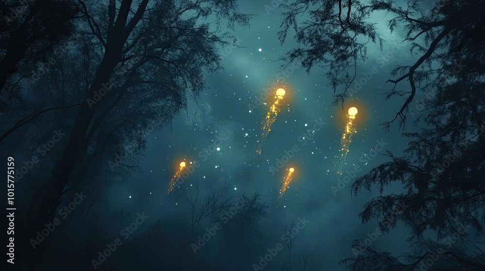 Poster Eerie forest scene with glowing lights piercing through dense fog, creating an enchanting and mysterious atmosphere.