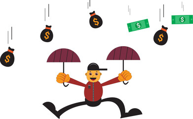 Vector design of a man being showered with dollars in a cute and dynamic cartoon style. Suitable for illustrations about motivation, business and finance in marketing or educational materials