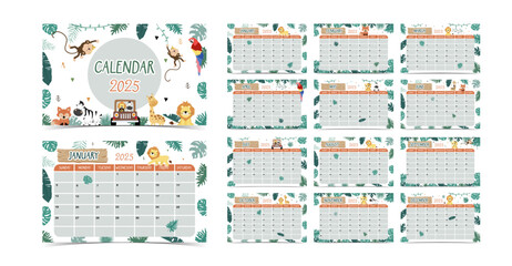 2025 table monthly calendar week start on Sunday with safari style for horizonral printable design