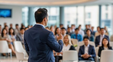 Confident businessman giving a presentation in front of crowd in meeting conference seminar room. Leadership authority teamwork in business concept