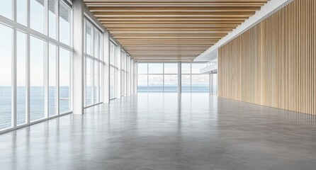 Fototapeta premium A modern minimalist interior featuring large windows that offer an expansive view of the ocean. The room showcases concrete floors and wooden panels on one wall, creating a serene atmosphere.