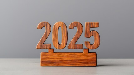A wooden display of the year 2025 set against a gray background, symbolizing future events or planning.
