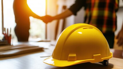Safety First: Construction Workers Shaking Hands with a Hard Hat in Focus