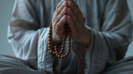 Close-up of Hands Holding Wooden Prayer Beads