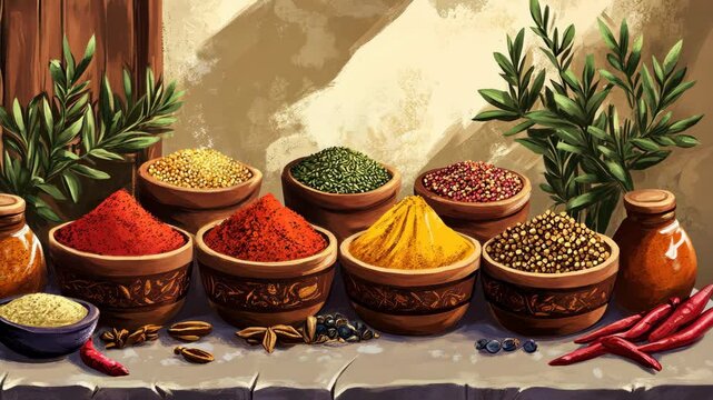 A colorful display of spices in wooden bowls sits on a table, showcasing the diverse flavors of the world