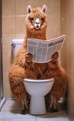 Alpaca reading a newspaper in the toilet generated by AI