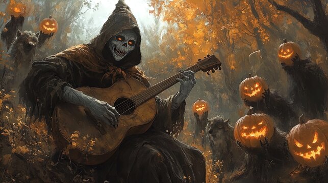 A hauntingly captivating scene showcases a skeletal figure dressed in a dark, tattered cloak, sitting on the ground while playing an acoustic guitar. The figure has glowing orange eyes and a menacing  - Powered by Adobe