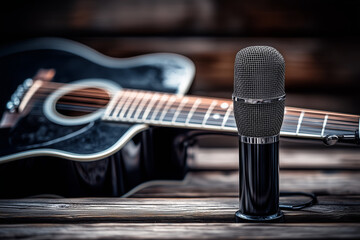 Acoustic guitar and studio microphone on the sound studio table close up background.