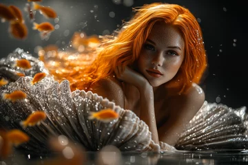 Beautiful mermaid sits in the seashell form throne concept.