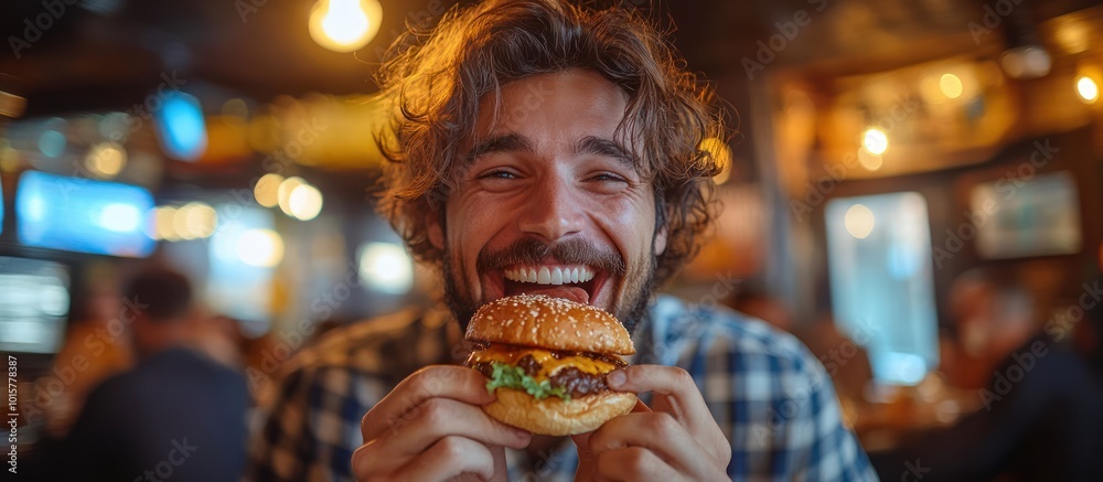 Wall mural happy man eating a burger in a restaurant.