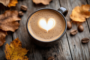Cup of hot coffee with a foam in the heart shape on the autumn table background. Coffee shop.
