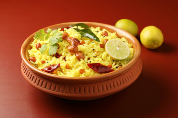 Lemon rice is cooked at home or served in temples a popular dish in South India