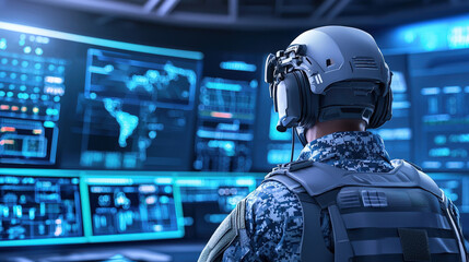 soldier in tactical gear operates advanced technology in high tech control room, showcasing blend of military precision and modern innovation