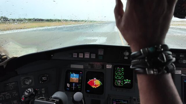 Real tima take off pilot FPV as seen from cockpit in the middle of a thunderstorm with rain. Immersive pilot&rsquo;s perspective. Barcelona Airport. 4K 60FPS
