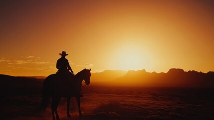 Silhouette of a Cowboy Riding into the Sunset