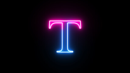 Glowing neon capital letter alphabet T. Purple and blue neon font letter "T" on black background. Educational concept