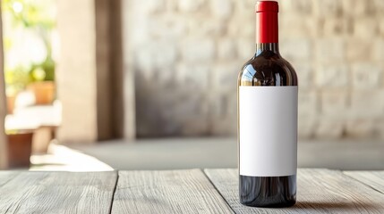 Red wine bottle with blank white label. Wine advertising template