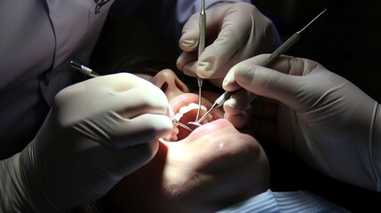 Dentist performing a root canal on a patient under bright clinic lights