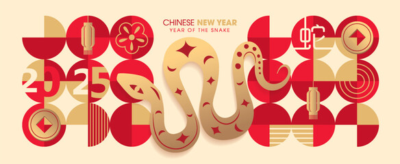 Set of Chinese new year 2025 year of the Snake poster with zodiac sign. Asian style design. Concept for traditional holiday card, banner, poster, decor element.