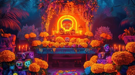 Obraz premium Vibrant altar decorated with marigolds, colorful skulls, and glowing lights, celebrating a festive tradition in a mystical setting.