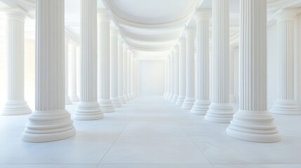 A long, empty hallway with white pillars