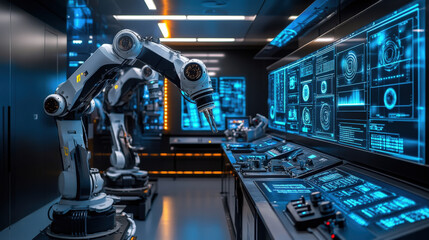 machine learning lab with robotic arms and holographic screens displaying complex algorithms