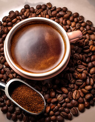 Fototapeta premium Design a top view of a coffee cup filled with hot coffee, placed among a circular arrangement of ground coffee beans