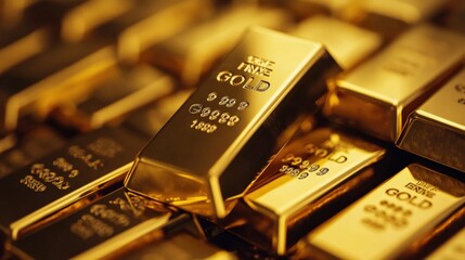 Gold bars stacked with shiny surface reflecting light.