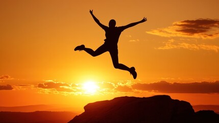 Silhouette of a person jumping at sunset