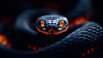 Fototapeta premium Close-up of a striking snake with vibrant eyes on a dark background.