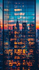 Obraz premium tall buildings with glass facades reflecting the city lights at dusk, creating an urban skyline. 