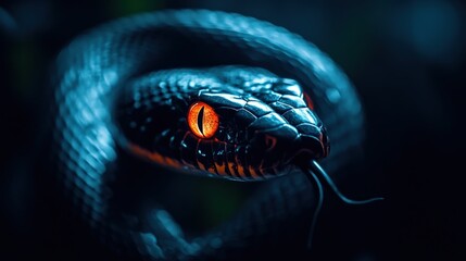 Fototapeta premium Close-up of a snake with striking orange eyes, dark scales and vibrant details.