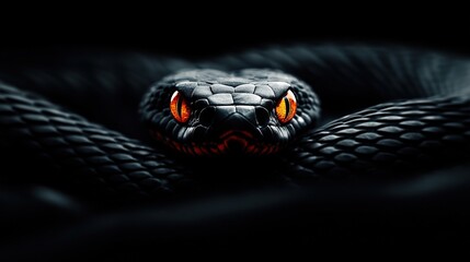 Close-up of a black snake with striking orange eyes, dark background.