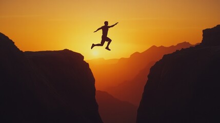 Man Jumping Over a Canyon at Sunset