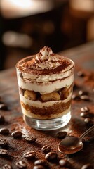 This enticing dessert features layers of creamy mascarpone and coffee-soaked ladyfingers, garnished with cocoa powder, perfect for a sweet finish to any meal