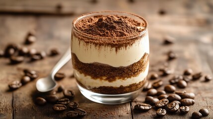 This delightful layered tiramisu features rich coffee-soaked layers and creamy mascarpone, displayed in a clear glass on a rustic wooden surface with scattered coffee beans