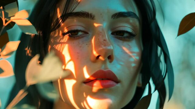A woman's face is illuminated by sunlight filtering through leaves, creating a dappled effect