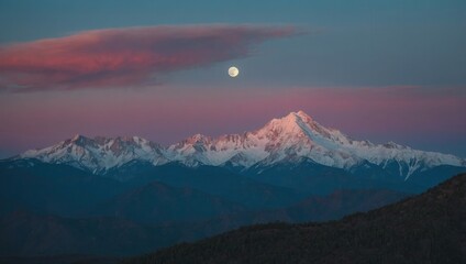 Twilight Mountain Landscape with Snowcaps and Sunset Colors