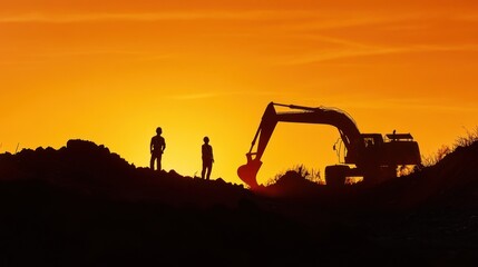 Silhouettes of Construction Workers at Sunset