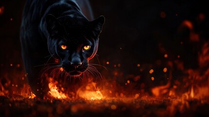 Black panther moving through flames with intense glowing eyes, dramatic lighting.