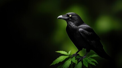 Obraz premium Black crow perched elegantly on green leaves against a blurred dark background.