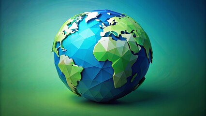 Fototapeta premium A low-poly globe with detailed continents and oceans, resting on a gradient green and blue background.