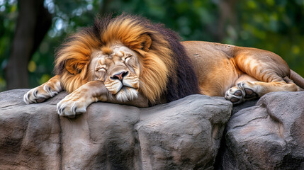 Naklejka premium Majestic Lion Resting on Rock 
