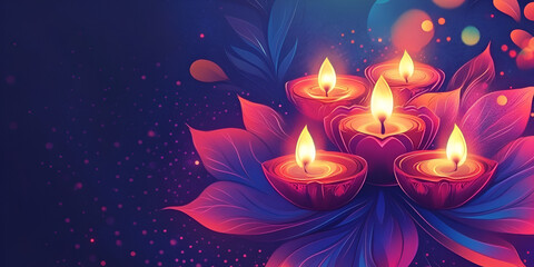 Happy Diwali Festival with Lit Diya on Colorful Background